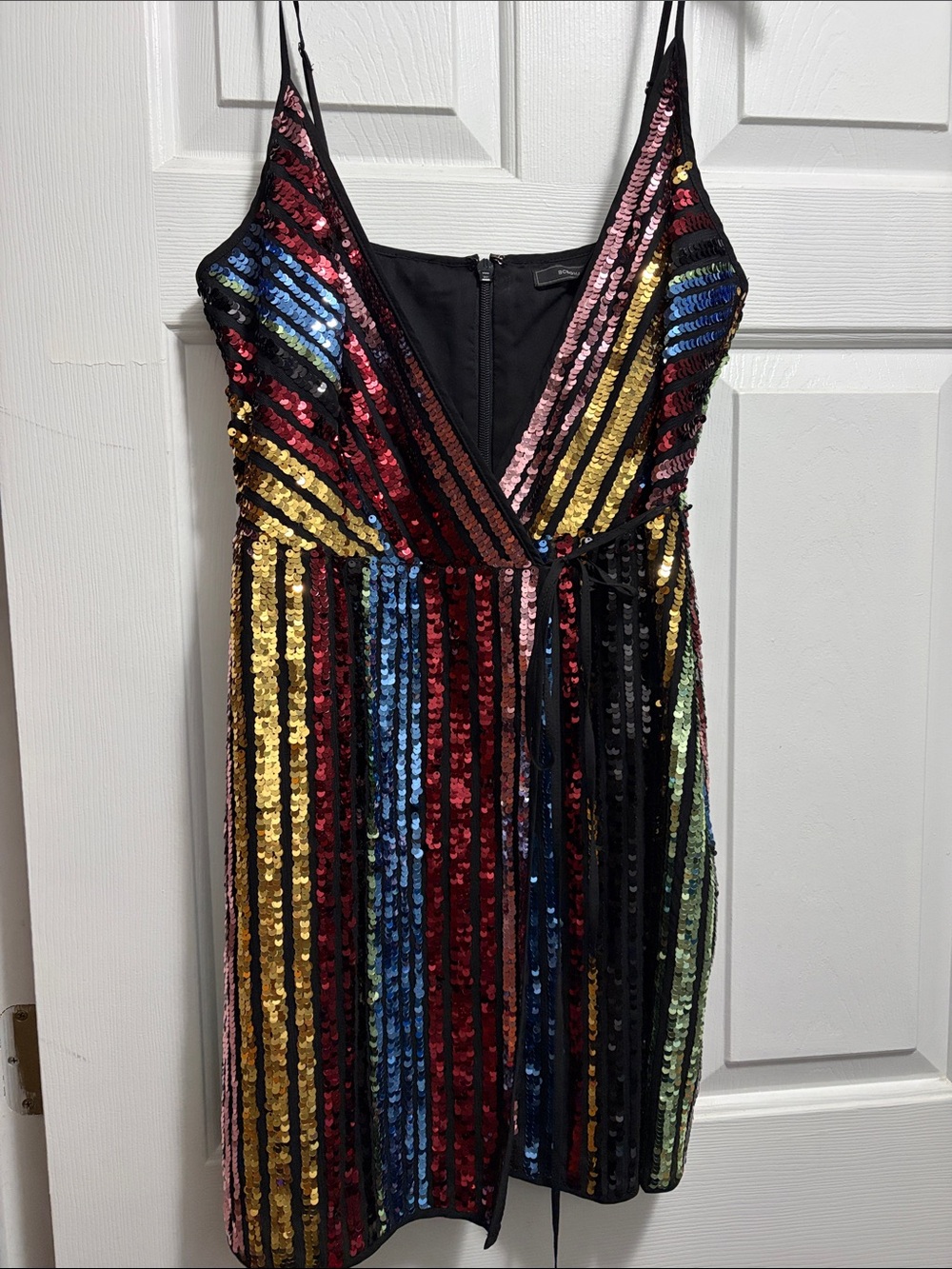 BCBGMaxAzria Black Multicolor Sequin Wrap-Style Mini Dress